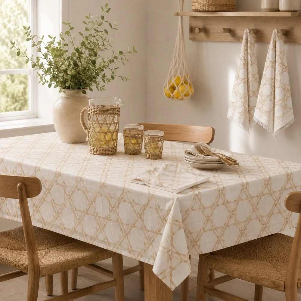 Threshold Khaki‎ Lattice Tablecloth 60x84 and 2pk Kitchen Towels Set Cotton NEW